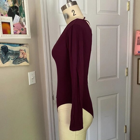 FOREVER 21 Wine Burgundy Stretch Lace up L/Slv Bodysuit Blouse Shirt *SMALL* B70 - Picture 3 of 4